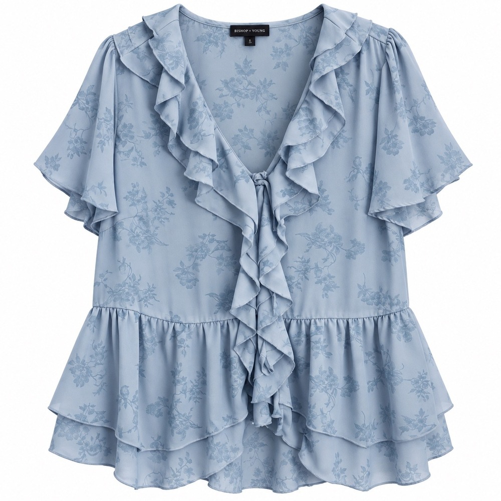 Torrid Floral Ruffle Tie Front Top Size 2 18/20 Blue Gray Boho Cottagecore
